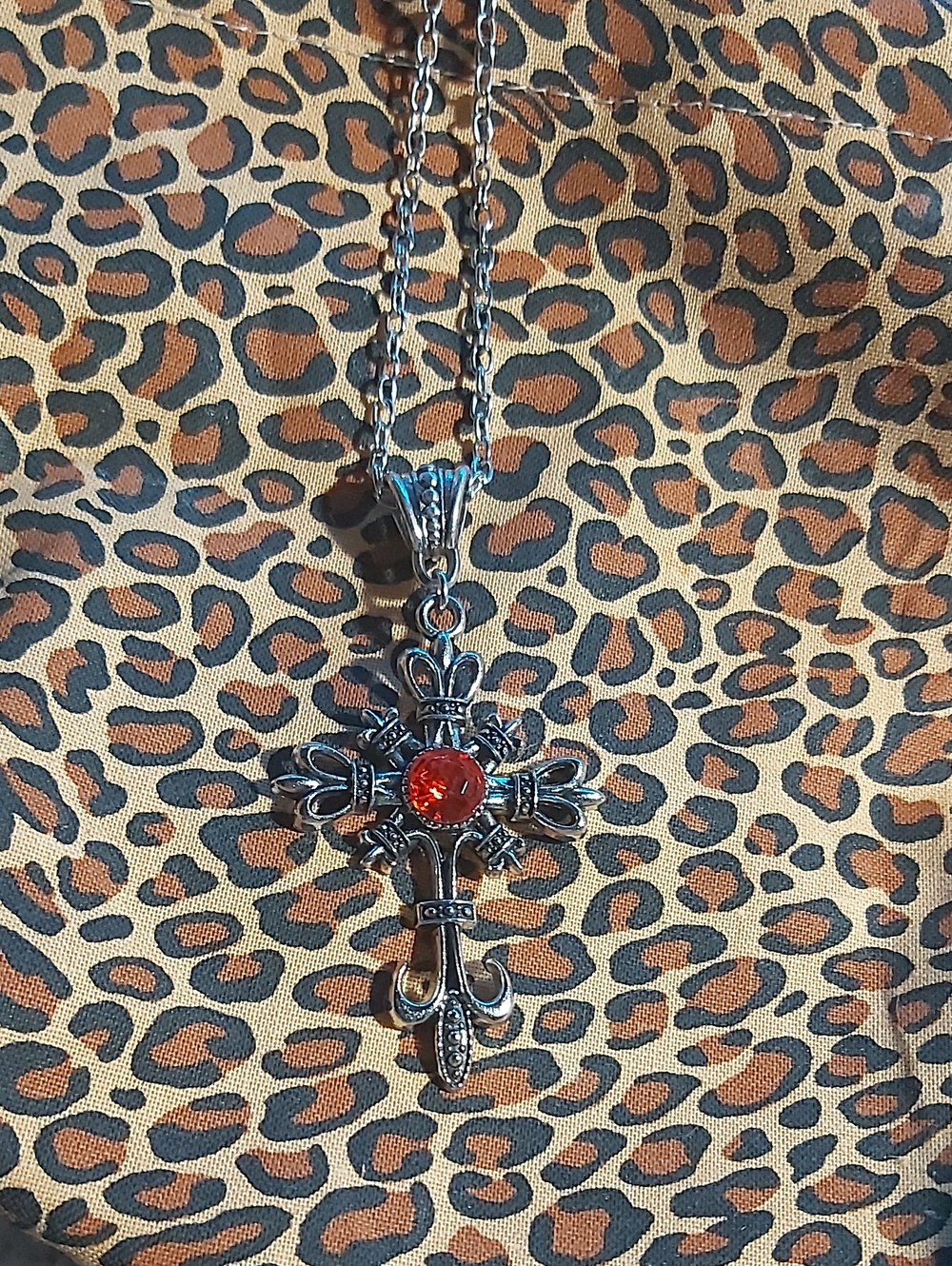 Silver Cross Pendant Necklace with Red Gemstone